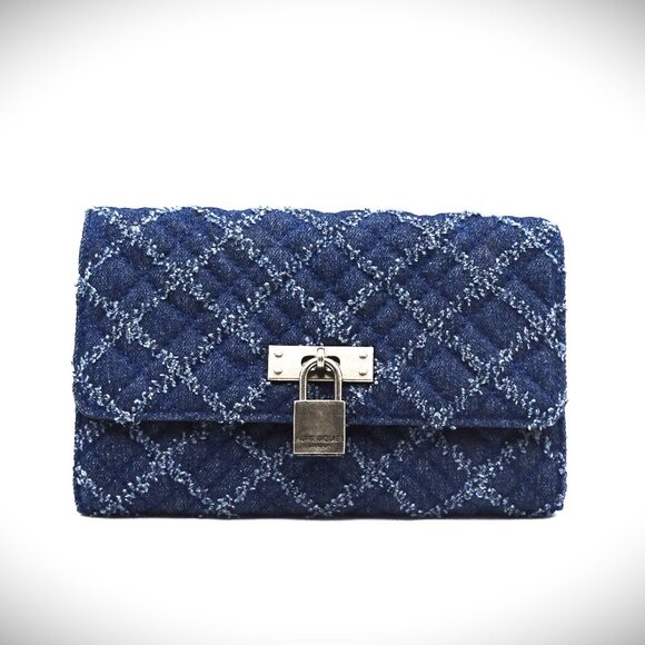 KURT GEIGER Mini Brixton Blue Denim Fabric Quilted Chain Wallet - Picture 2 of 6